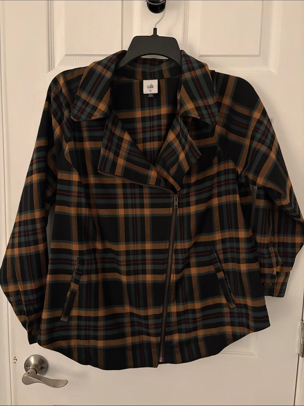 CAbi Black Plaid Jean Jacket with Gold and Dark Green Stripes - Picture 3 of 3